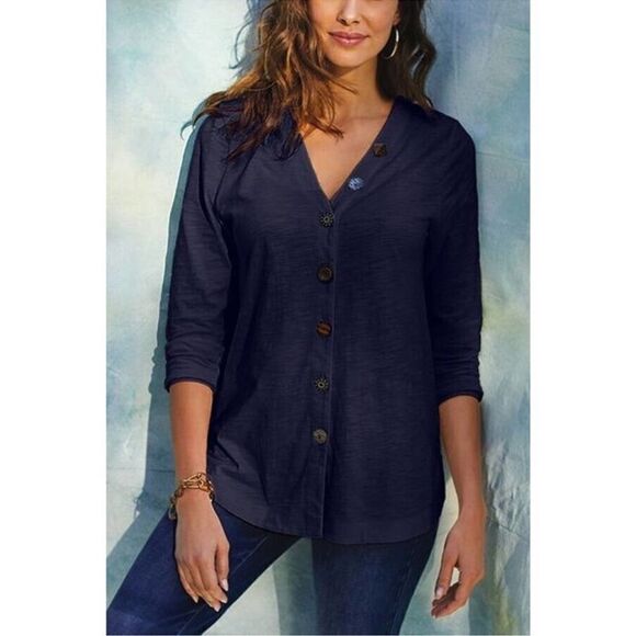 Soft Surroundings Delia Mixed Buttons V-Neck Jersey Lightweight Jacket/Top Sz S - Picture 1 of 10